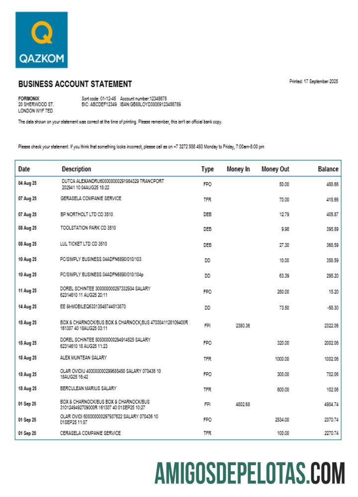 Baixável Qazkom Bank Enterprise modelo de extrato de conta Word e PDF